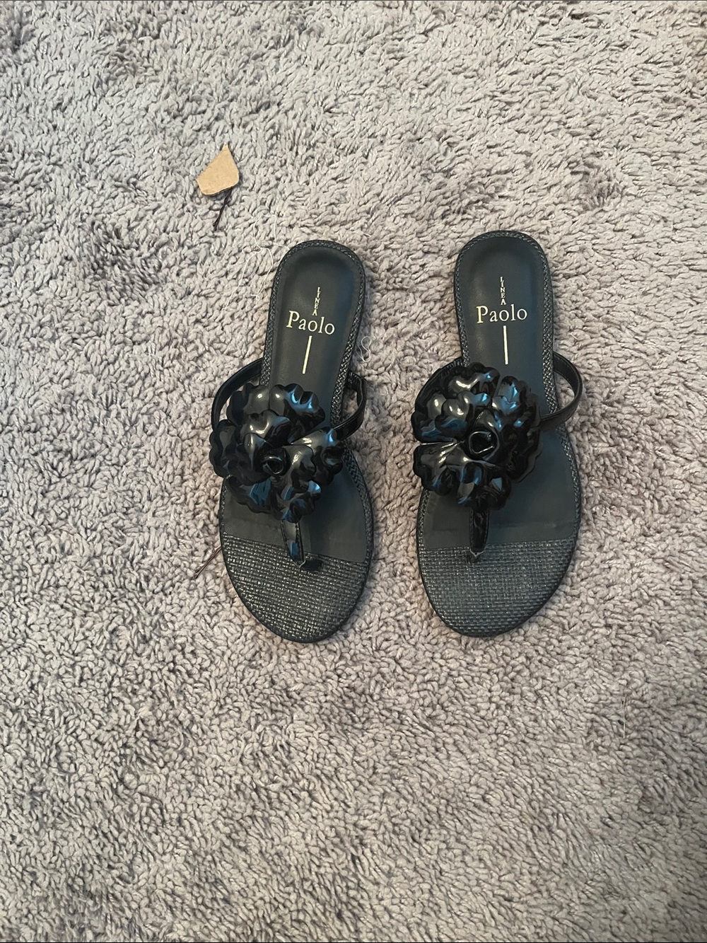 Paolo Black Floral Toe-Post Sandals with Glossy Petal Accent